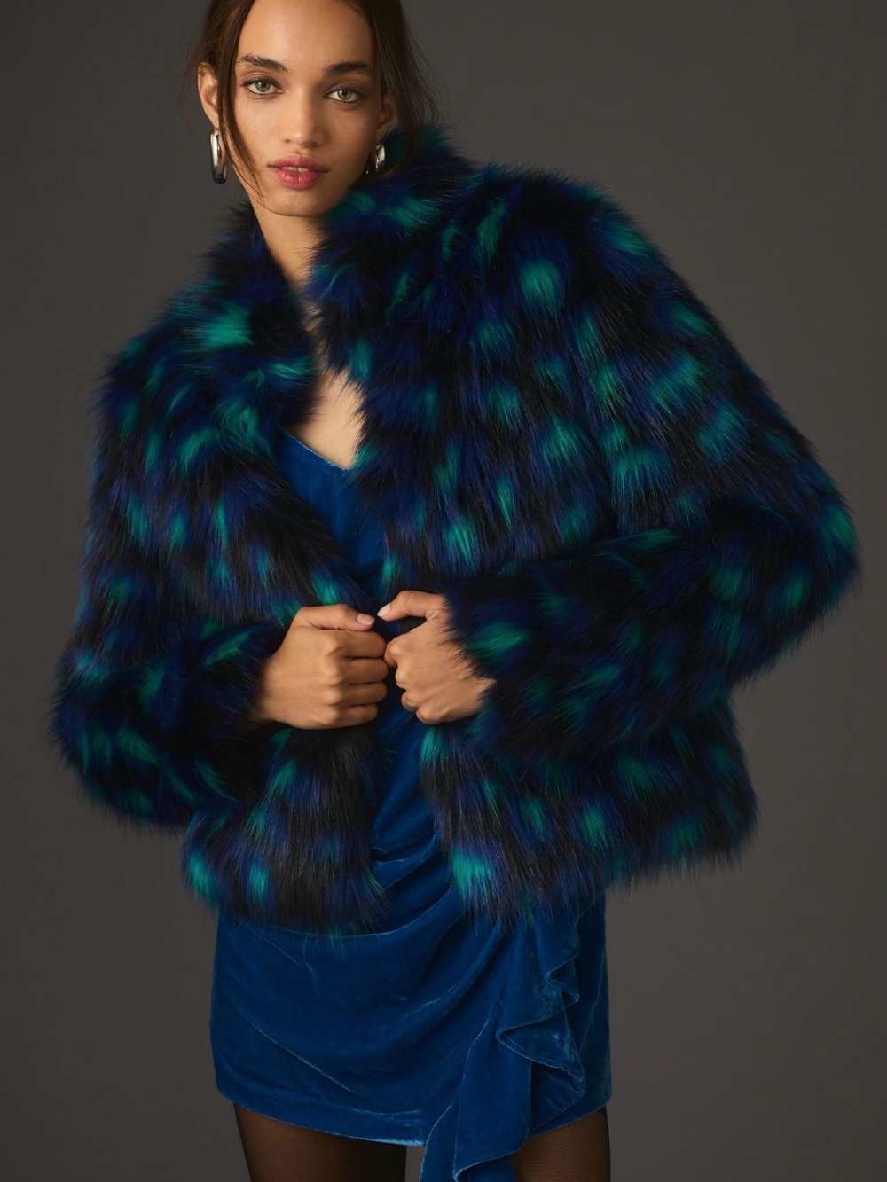 Anthropologie Blue and Teal Faux Fur Cropped Jacket